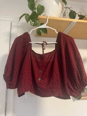 Burgundy Polka Dot Button-Front Puff Sleeve Top